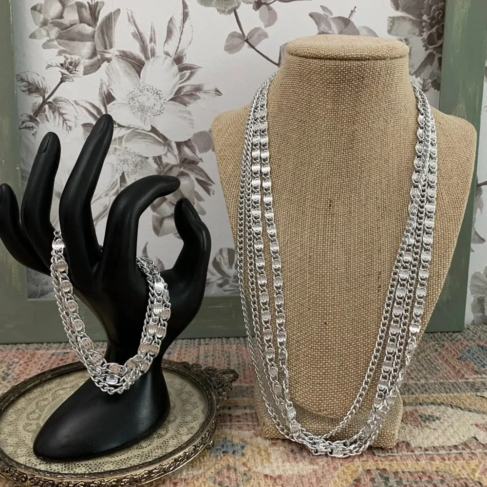 Vintage Signed Sarah Coventry 4 Strand Layer Chain Silver Necklace Bracelet Set - Picture 1 of 4